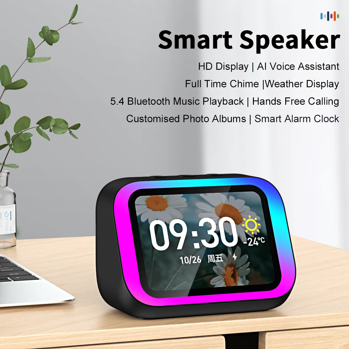 AI Smart Bluetooth 5.4 Speaker Voice assistant HDTouch Screen Display Electronic Album Alarm Clock Hi-fi Stereo Sound